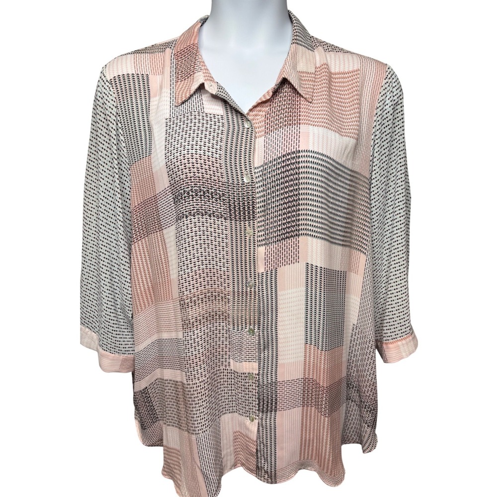 ROSE + OLIVE Womens Pink Plaid Dotted Button Down Blouse 3X Office Flowy Modern